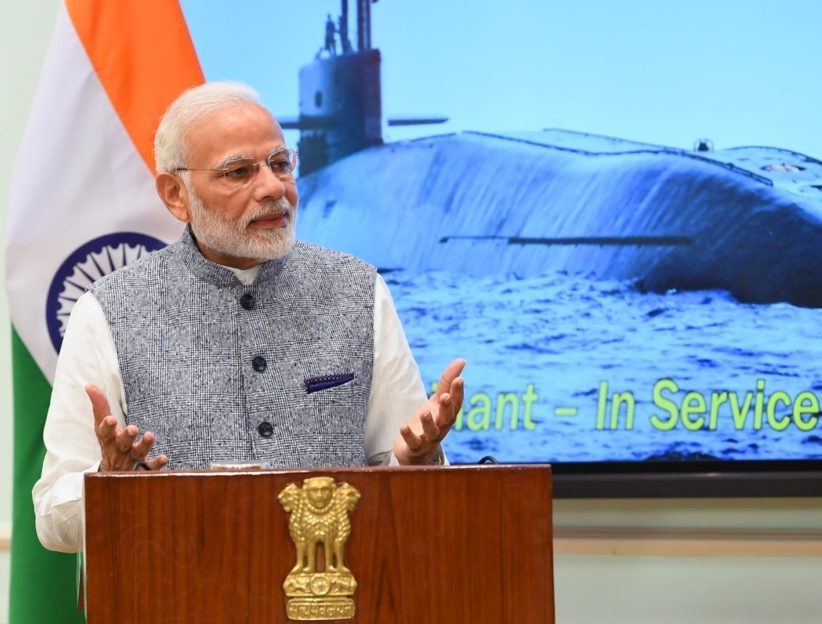 India’s Prime Minister Narendra Modi speaking about India’s ballistic missile submarine INS Arihant. India was one of the nuclear-armed states that increased their nuclear-weapons stockpile in 2021.