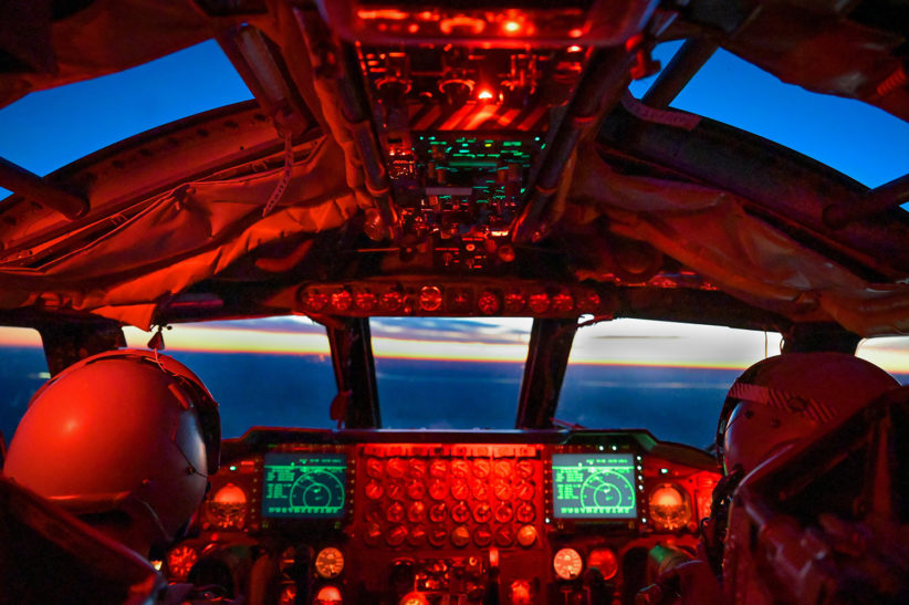 A 96th Bomb Squadron pilot operates a US B-52 on a flight in November 2021 during the annual nuclear command and control exercise Global Thunder.
