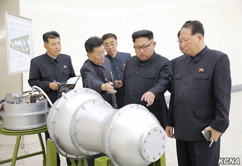 A screen grab from North Korea’s state television channel shows North Korean leader Kim Jong-un inspecting what was said to be a thermonuclear bomb near Pyongyang, North Korea, on 3 September 2017. North Korea's last nuclear test explosion was carried out hours after this and other images were released.