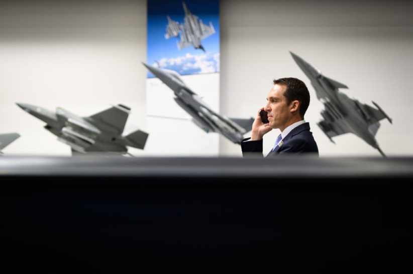 A man is seen among the display items on the MBDA missile systems product area at the DSEI (Defence and Security Equipment International) exhibition on 15 September 2021 in London.