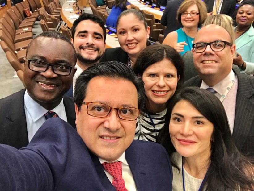 Article 7 of the TPNW provides a mechanism for states to work in close partnership on the implementation of the Treaty. This photo of diplomats from Costa Rica, Ecuador, Ireland, Mexico, Nigeria, and South Africa was taken after the adoption of the TPNW on 7 July 2017.