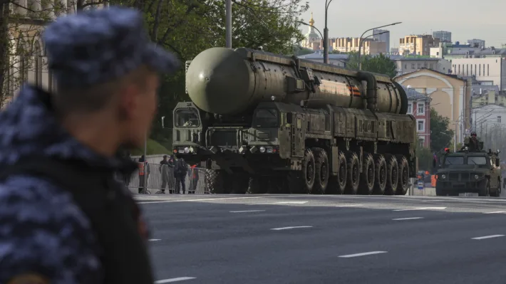 A Russian Yars intercontinental ballistic missile launcher is photographed on 7 May 2025 while driving in downtown Moscow during preparations for the general rehearsal of the annual military parade ahead of Victory Day celebrations in Red Square two days later.