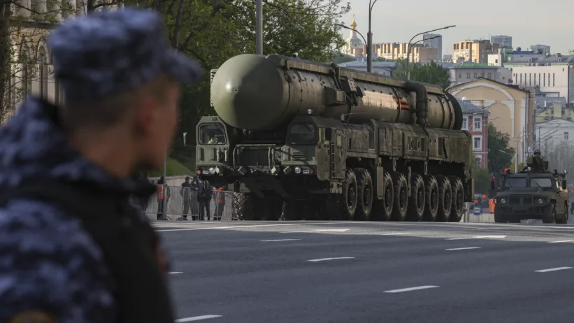A Russian Yars intercontinental ballistic missile launcher is photographed on 7 May 2025 while driving in downtown Moscow during preparations for the general rehearsal of the annual military parade ahead of Victory Day celebrations in Red Square two days later.